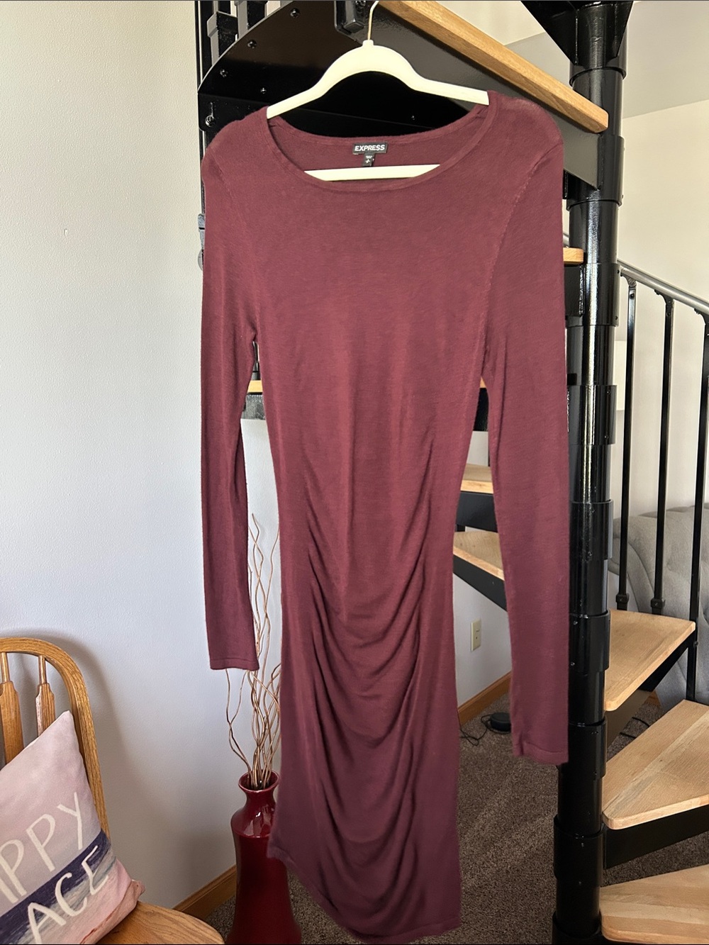 Express Long Sleeve Ruched Midi Dress in Burgundy